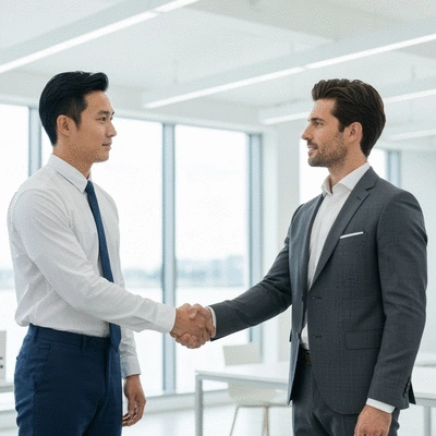 Client and investigator shaking hands, symbolizing trust and collaboration in a corporate investigation