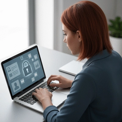 Person using a laptop with secure data icons and a padlock, representing the operation of synthetic identity fraud