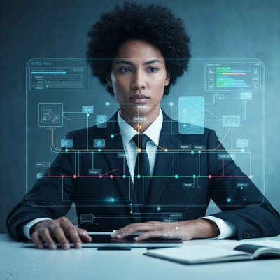 Forensic investigator analyzing data from various IoT devices on a holographic interface, showing interconnected data points and timelines.