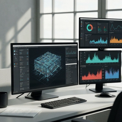 Modern digital forensic workstation with AI analysis software on screen, clean image