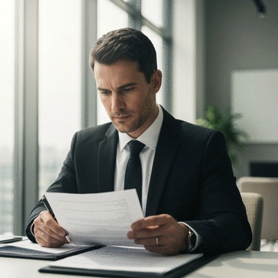 Professional corporate investigator reviewing documents in a modern office, forensic analysis, no text, clean image