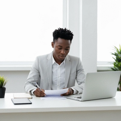 Professional conducting a background check, reviewing documents on a desk with a laptop