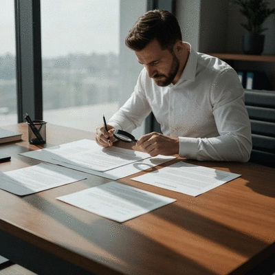 Private investigator reviewing legal documents with a magnifying glass on a desk