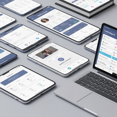 Various digital devices showing credit reports and security dashboards, representing identity monitoring tools