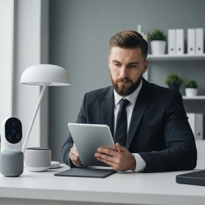 Legal professional reviewing IoT data regulations on a tablet, surrounded by smart home devices, symbolizing legal and ethical considerations.