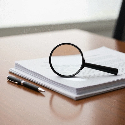 Magnifying glass over documents, symbolizing detailed background checks and due diligence