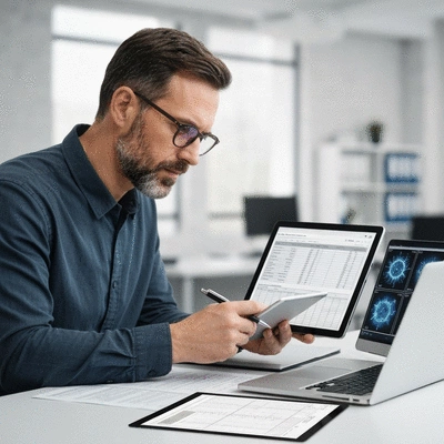 Professional investigator reviewing case files and digital evidence on a tablet and laptop, with a blurred background of a modern office, no text, no words, no typography, clean image, 8K