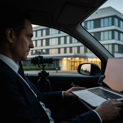 Corporate investigator discreetly observing a business building from a vehicle, with a laptop and camera equipment in the foreground, no text, no words, no typography, clean image, 8K