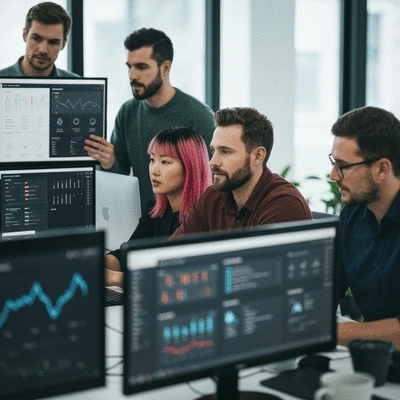 Cybersecurity team collaborating in a modern office