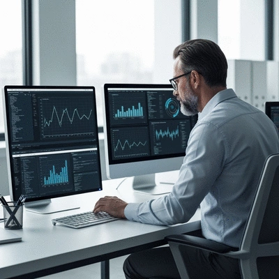 Digital forensics expert analyzing data on a computer