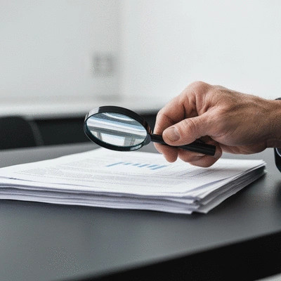 Close-up of a hand holding a magnifying glass over financial documents, representing detailed corporate investigation, no text, clean image
