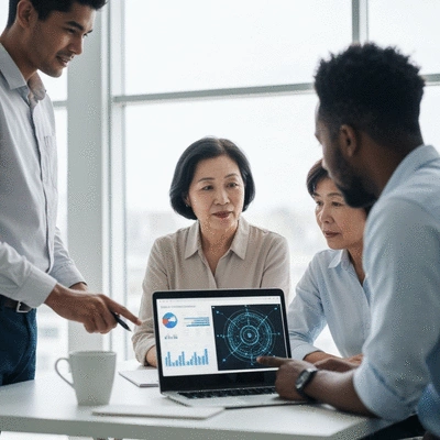 Professionals collaborating on a laptop with data visualizations, emphasizing ethical AI, clean image