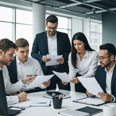 Professional team collaborating on a corporate investigation, reviewing documents and discussing findings in a modern office setting